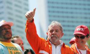 Brazil's former president da Silva gives the thumbs-up during a demonstration in Rio de Janeiro